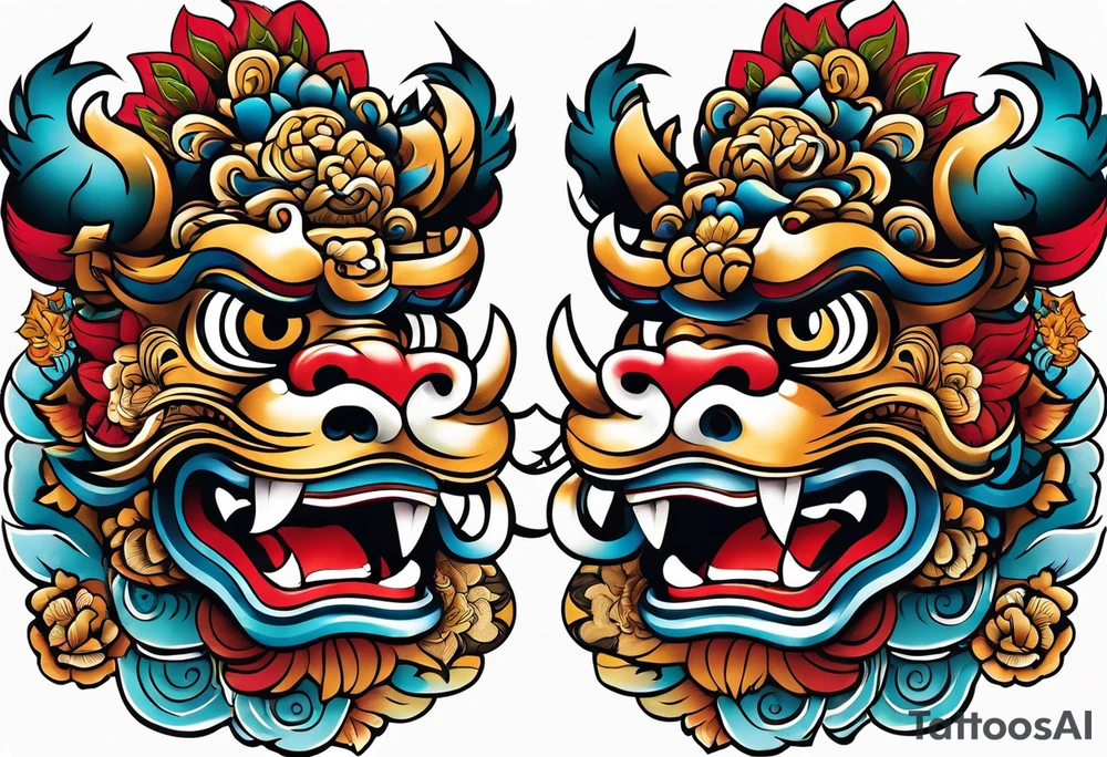 Traditional Okinawa shisa pair, One has their mouth closed, the other with their mouth open tattoo idea