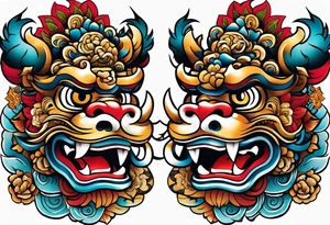 Traditional Okinawa shisa pair, One has their mouth closed, the other with their mouth open tattoo idea