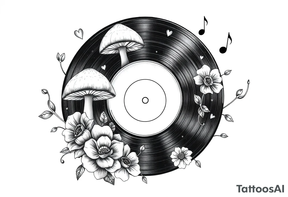 vinyl record with mushrooms, flowers, hearts, and music notes tattoo idea