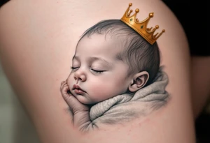 Profile portrait of a baby girl’s sleeping face with a tiny gold crown, shaded in grayscale with realistic detail. tattoo idea