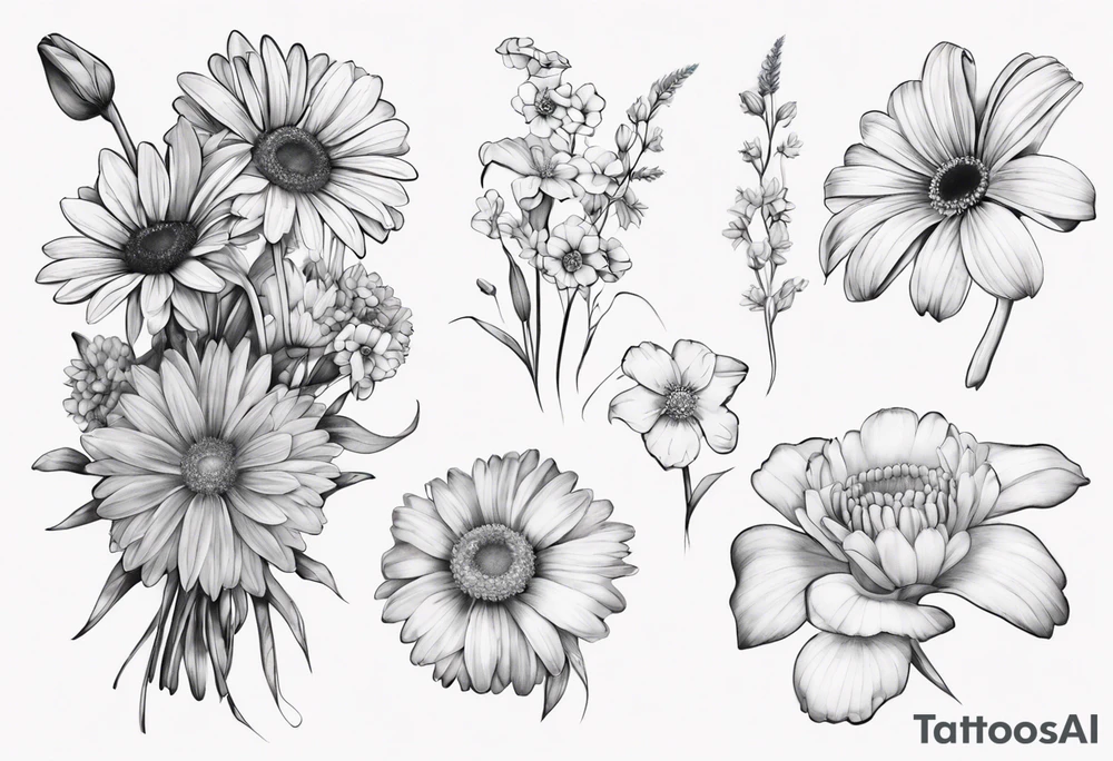 a fine line, dainty bouquet of a gerbera daisy, an iris, blue bells, and forget me nots, tied together with a small bow. no shading or realism. a small line work piece tattoo idea