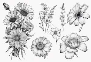 a fine line, dainty bouquet of a gerbera daisy, an iris, blue bells, and forget me nots, tied together with a small bow. no shading or realism. a small line work piece tattoo idea