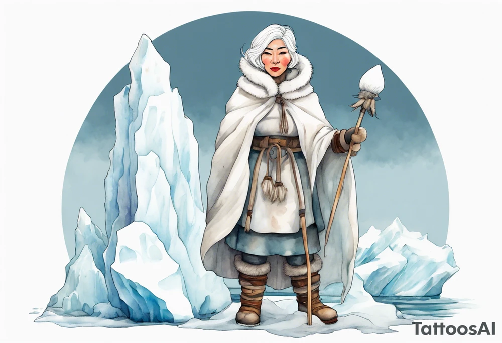 a middle aged Inuit woman with white hair, wearing mittens, mukluks, and a white cloak. Holding a white staff. Standing on an iceberg alone tattoo idea