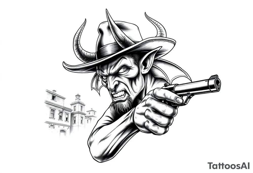 a demon with cowboy-hat ,a gun in a hand, old buildings in the background. tattoo idea