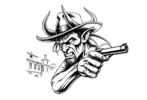 a demon with cowboy-hat ,a gun in a hand, old buildings in the background. tattoo idea