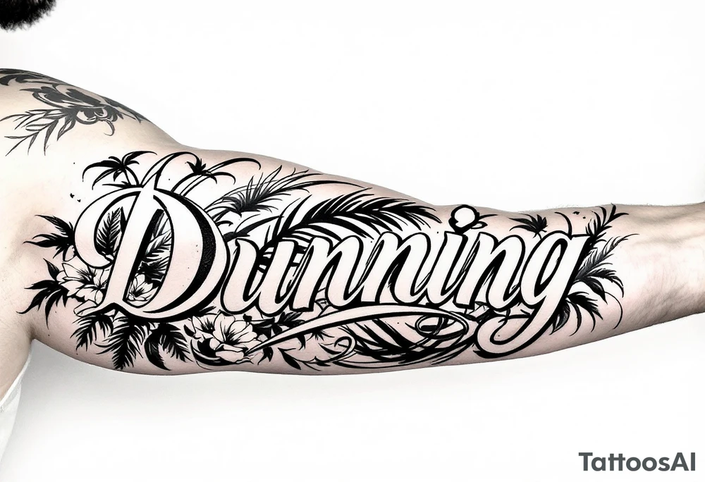 Dunning, cursive slick font,with big jungle leaves, roses,palm trees, tattoo idea
