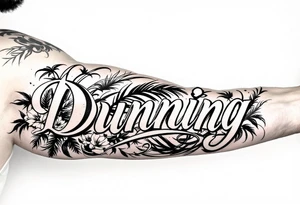 Dunning, cursive slick font,with big jungle leaves, roses,palm trees, tattoo idea