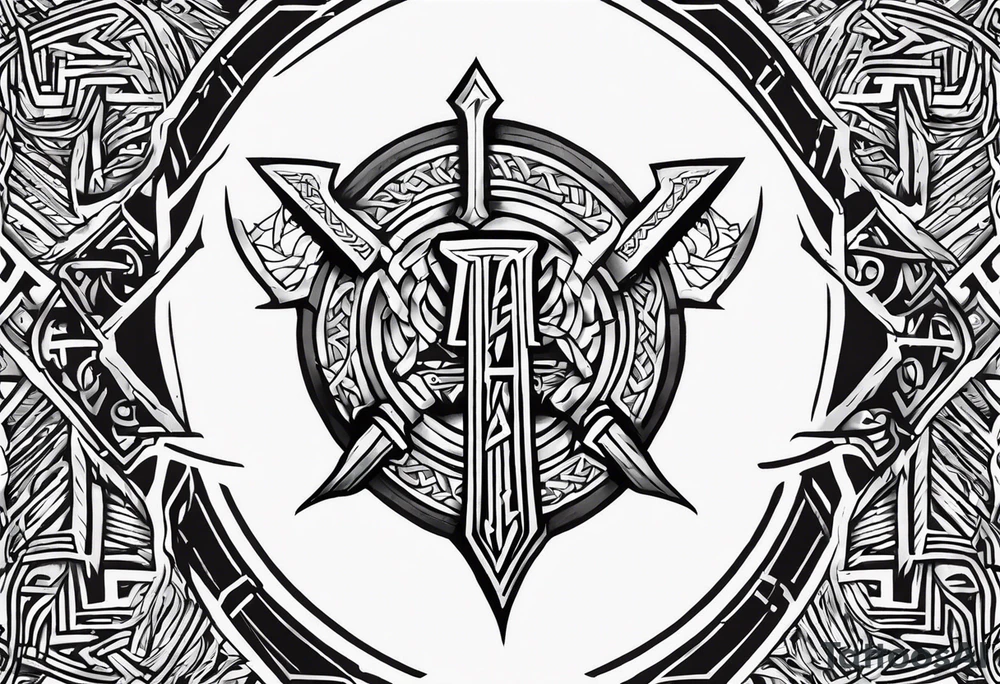 Valhalla sword shield dragon axe Valknut barbed wire chains tattoo idea Valhalla sword shield dragon axe Valknut barbed wire chains tattoo idea