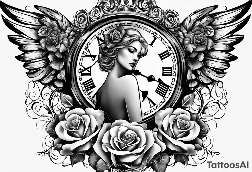 angel, roses, clock, name MARTINA tattoo idea