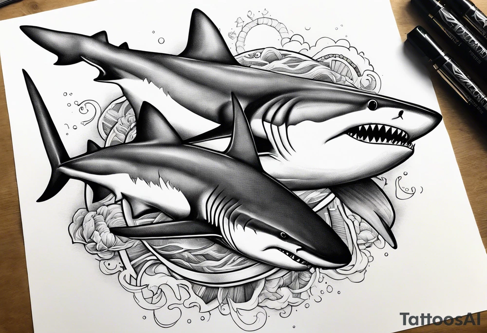 2 nautical style sharks wrapped around the knee no background tattoo idea