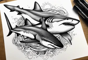 2 nautical style sharks wrapped around the knee no background tattoo idea