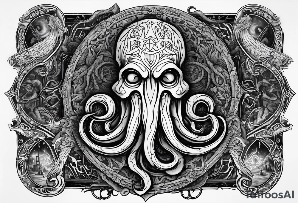 Inner forearm tattoo rapresenting cthulhu and the author howard philips lovecraft, with cthulhu's sigil in the bacground tattoo idea