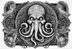 Inner forearm tattoo rapresenting cthulhu and the author howard philips lovecraft, with cthulhu's sigil in the bacground tattoo idea