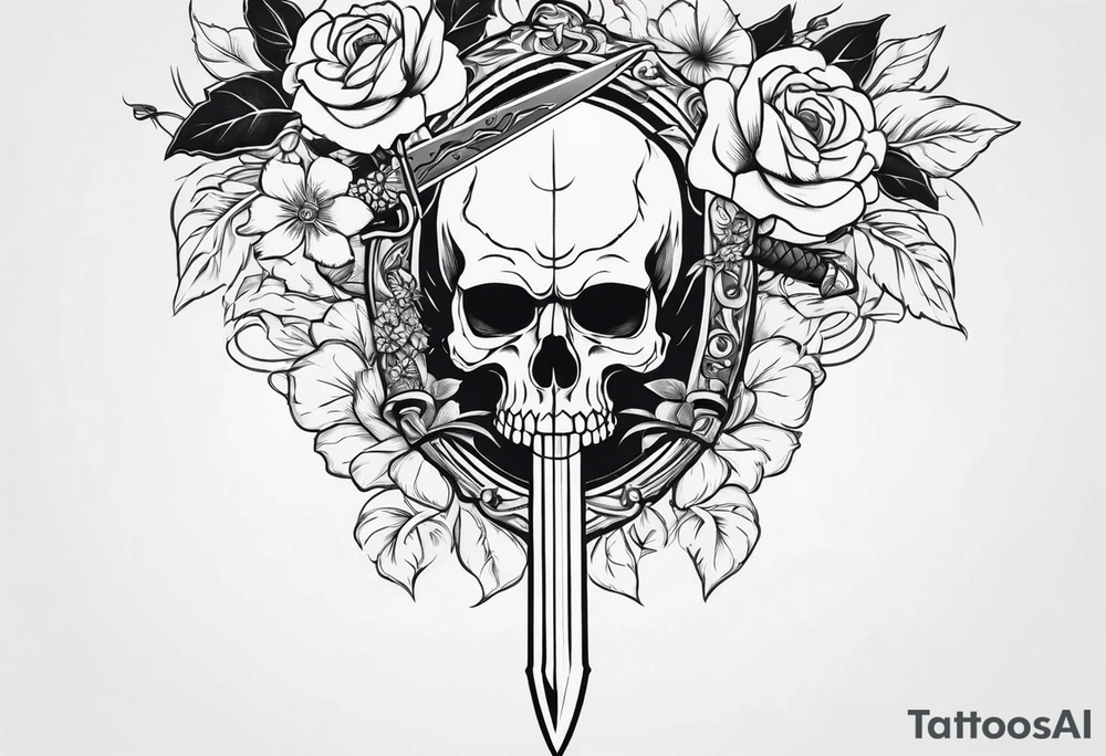 Skull with a sword stabbing through chin all the way to the top of head with flowers around the sword tattoo idea