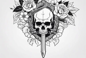 Skull with a sword stabbing through chin all the way to the top of head with flowers around the sword tattoo idea