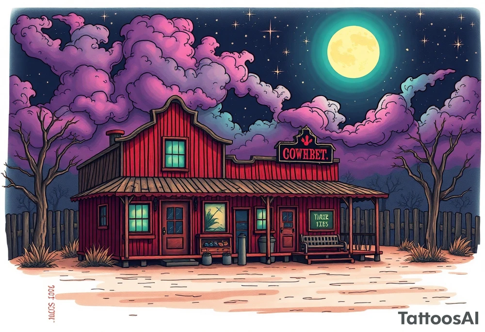 Tim Burton’s old western cowboy texas brothel r from outside view is the street abandoned and dripping with muted reds, dusty pinks, and eerie green glow purple and cyan smokey clouds swirl and dance in the moonlit night sky filled with twinkling stars  tattoo idea tattoo idea