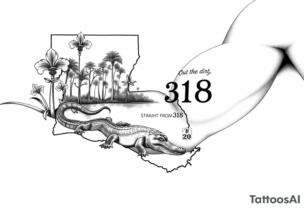 Big Louisiana state outline with fleur-de-lis, a bayou with a gator and trees , the 318 area code and and quote that says  Out the dirt, out the water, straight from 318 , a sign that says I- 20 . Below that add west side , tattoo idea