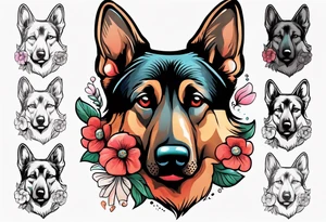 Red Sable colored German shepherd portrait brightly colored with flowers tattoo idea