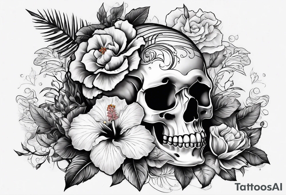 female skeleton with hibiscus flower tattoo idea