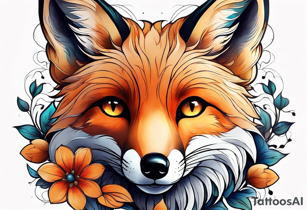 animal fox, flower tattoo idea