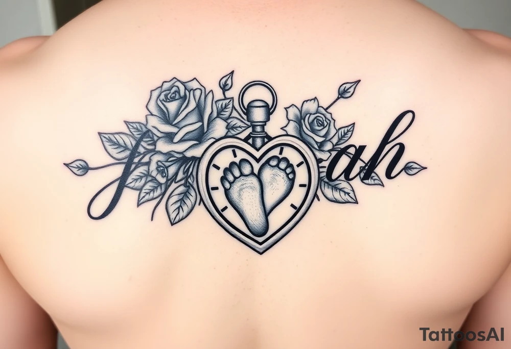 The name Jaylah With Roses and Foot Print and Pocket watch shaped like a Heart tattoo idea