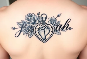 The name Jaylah With Roses and Foot Print and Pocket watch shaped like a Heart tattoo idea