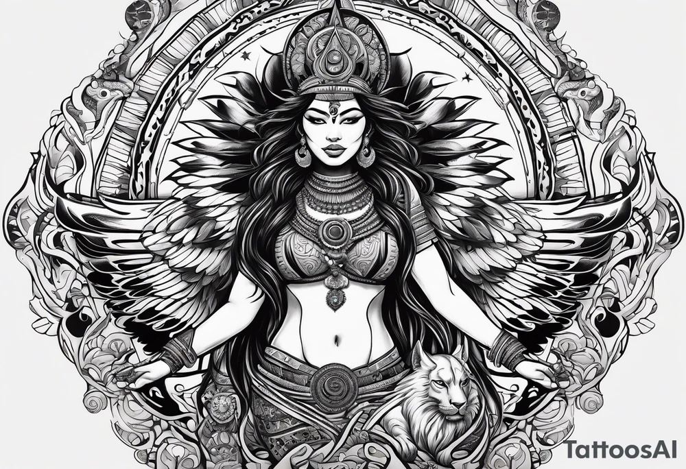 black kali, goddess pirate, alien, angel, pachamama, valkrye, warrior, flying, skull, lotus azul, wing, eagle, zenza resonance, stars, 5D, anahata chakra, death, durga, riding on a tiger, flying lady, kundalini, chest tatoo, samuri, rebel tattoo idea