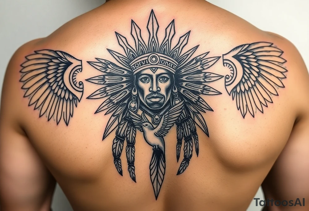 Purepecha king surrounded by purepecha symbols with hidden hummingbird tattoo idea
