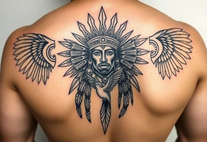 Purepecha king surrounded by purepecha symbols with hidden hummingbird tattoo idea