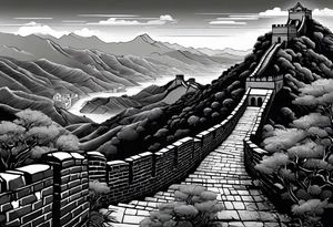 Great Chinese wall, realistic, art, gezeichnet, fine line, black and grey, man, clear tattoo idea