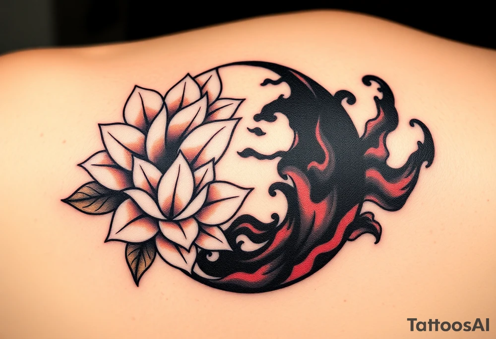 A Yin and Yang symbol, with one side filled with vibrant white lotus flowers, symbolizing peace and purity, and the other side blackened with dark, swirling smoke, symbolizing chaos and mystery. The white section radiates soft golden highlights, while the black section features dark reds and shadows tattoo idea