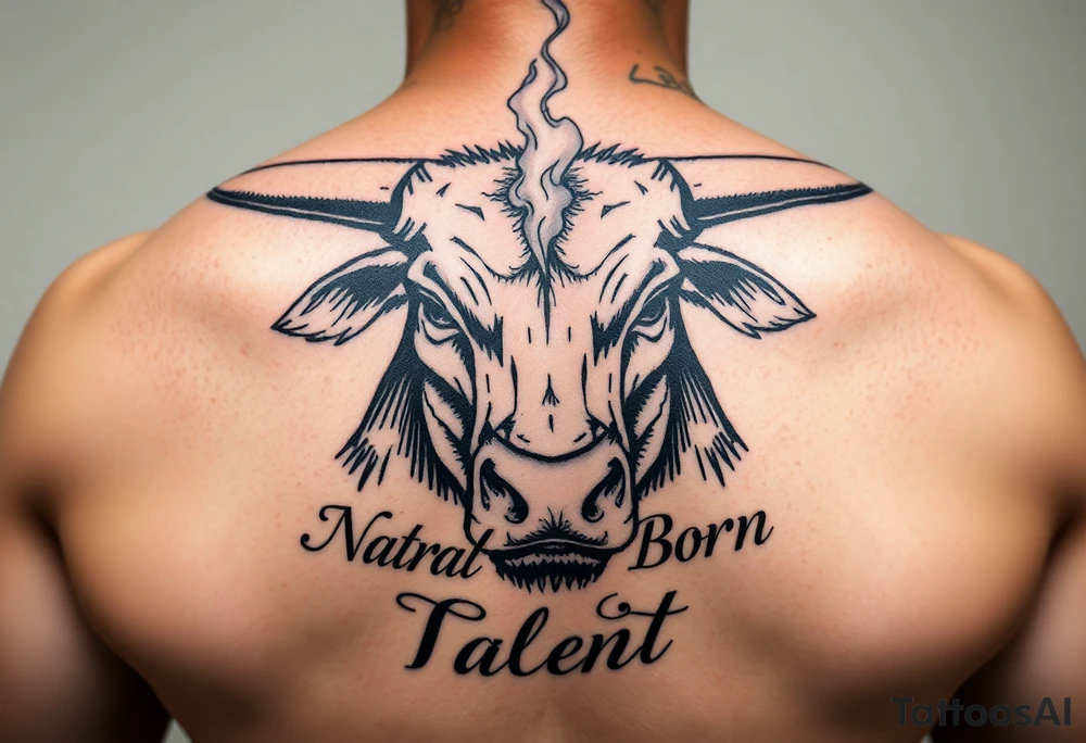 Bull blowing smoke out of his nose with the words Natural Born Talent tattoo idea