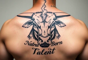 Bull blowing smoke out of his nose with the words Natural Born Talent tattoo idea