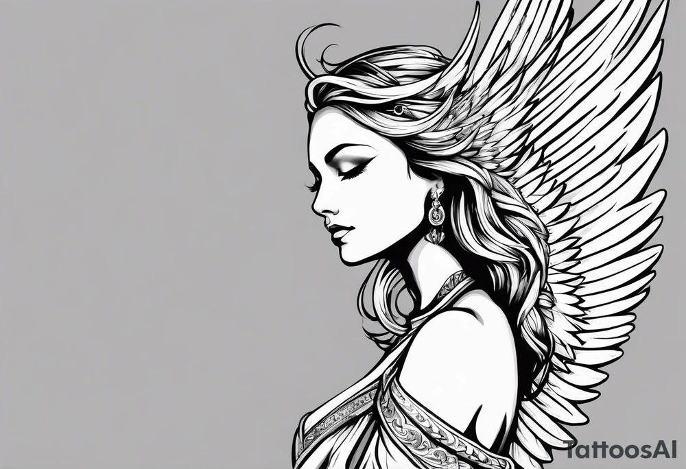 Angel left wing, side way with name Leah. For chest tattoo on left pec tattoo idea