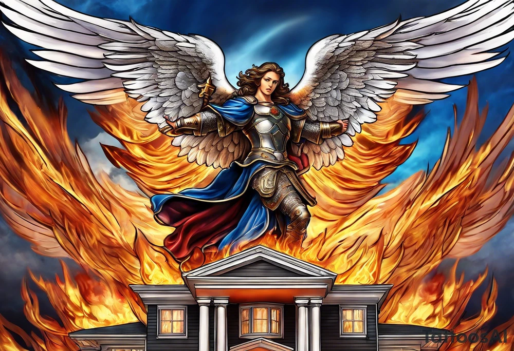 Archangel Michael flying over house fire tattoo idea