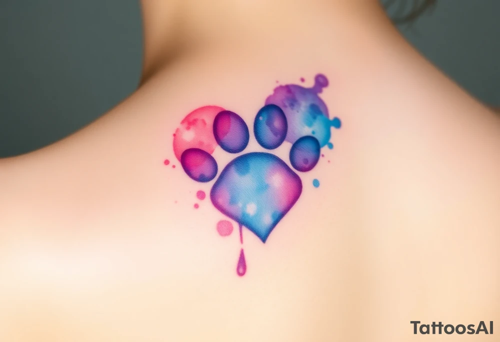 A watercolor-style paw print in the shape of a heart, blending vibrant hues of pink, blue, and purple, creating a soft and artistic splash effect tattoo idea