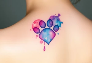A watercolor-style paw print in the shape of a heart, blending vibrant hues of pink, blue, and purple, creating a soft and artistic splash effect tattoo idea