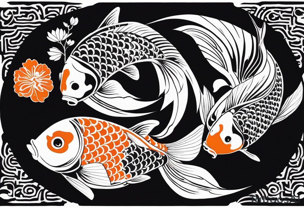 A black-and-white silhouette of a koi fish in a calligraphy style, viewed from above. The fish is intricately outlined with sharp, fluid lines, emphasizing its graceful, curved body. The koi fish is depicted with bold black and white contrasts, with simple, abstract shapes indicating where orange would normally be, but left as stark black and white outlines. The splash of water and ink blobs surrounding the fish are represented by bold, sweeping black shapes, with intricate details, giving the illusion of movement. The dark surface beneath the fish is solid black, providing a stark contrast to the white fish and water splashes. The overall composition is clean, with strong contrasts and no gradients, capturing the elegant fluidity of the koi in a minimalist, high-contrast silhouette. tattoo idea