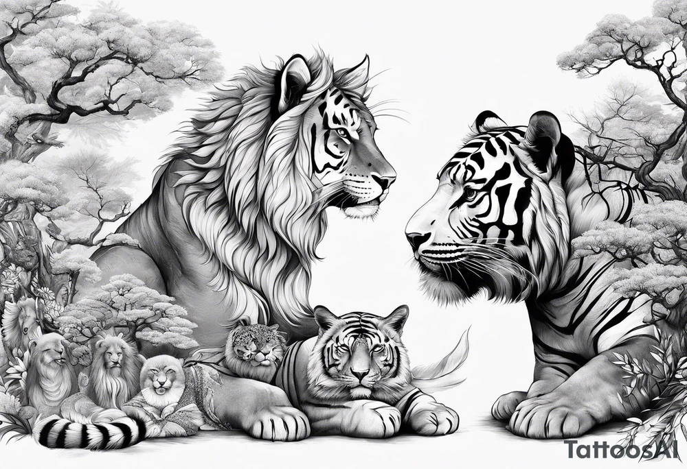 a set of sketches of animals on a Buddhist theme, without people. Realistic drawings tattoo idea