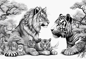 a set of sketches of animals on a Buddhist theme, without people. Realistic drawings tattoo idea