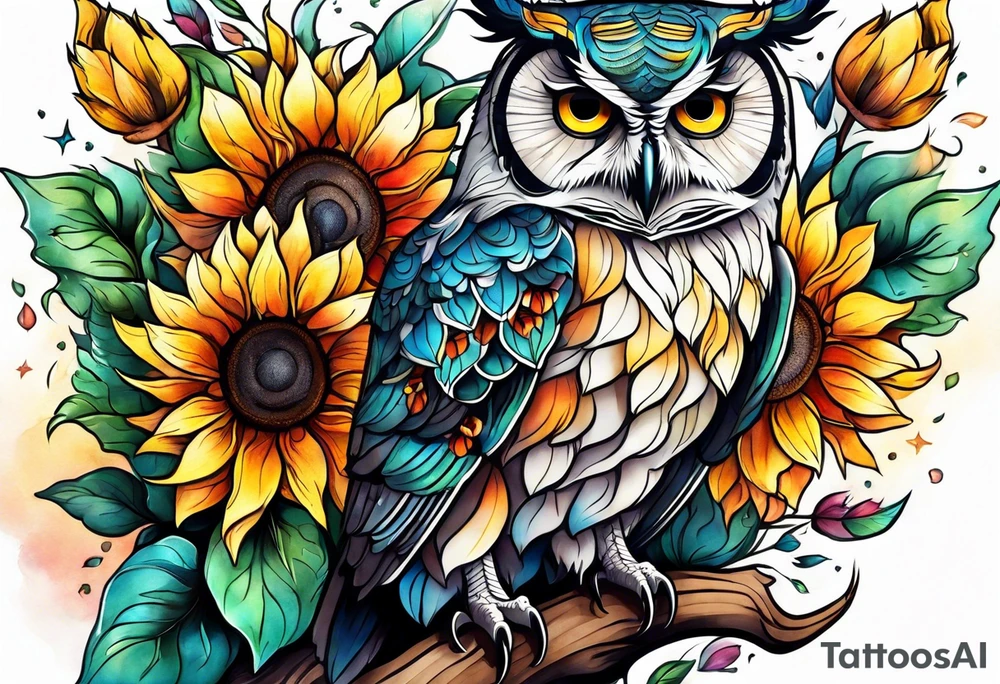 Leg sleeve with colorful sunflowers and an owl tattoo idea