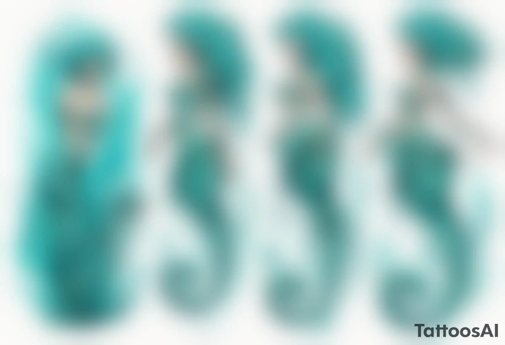 a tall woman made of water with turquoise hair riding a seahorse tattoo idea