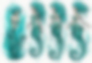 a tall woman made of water with turquoise hair riding a seahorse tattoo idea