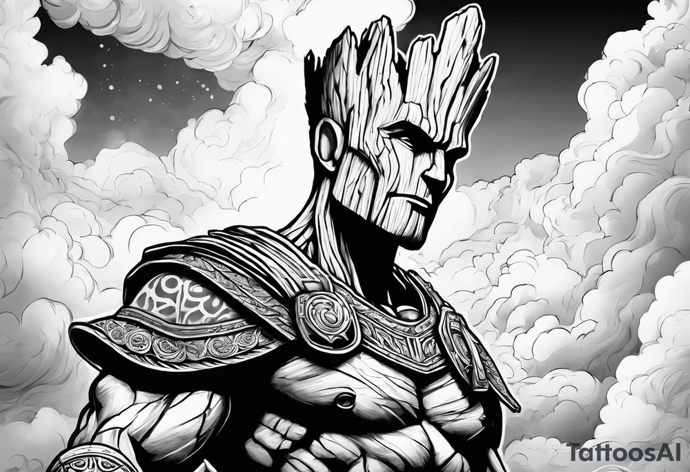 Groot greek warrior with sword, clouds behind tattoo idea