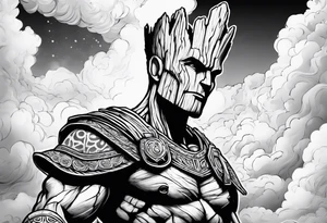 Groot greek warrior with sword, clouds behind tattoo idea