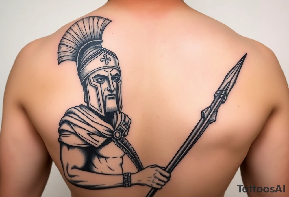 Spartan soldier, stoic face, holding a spear and shield, realism style. tattoo idea