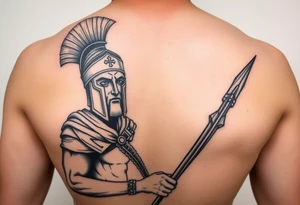 Spartan soldier, stoic face, holding a spear and shield, realism style. tattoo idea