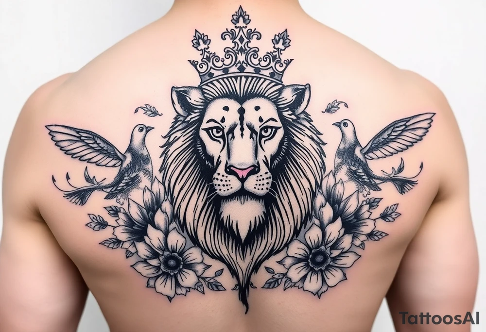 powerful majestic lion with a crown, surrounded by floral ornaments and birds tattoo idea