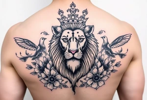 powerful majestic lion with a crown, surrounded by floral ornaments and birds tattoo idea