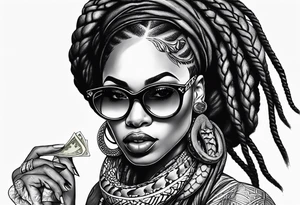 Muslim African woman  with snake dreads biting money sun glasses tattoo idea